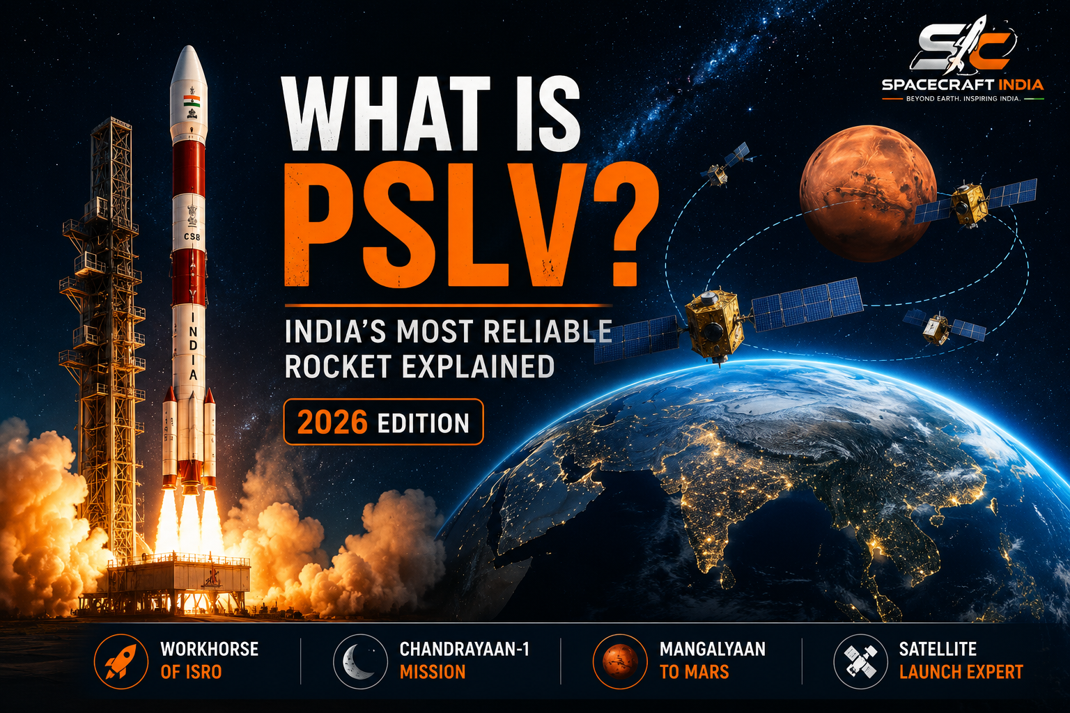 PSLV rocket launch by ISRO with satellites orbiting Earth and Mars mission representation