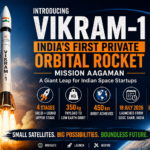 Editorial illustration of Skyroot Aerospace’s Vikram-1 private orbital rocket lifting off from Sriharikota.