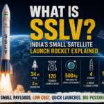 Editorial illustration of India's SSLV small satellite launch vehicle lifting off from Sriharikota