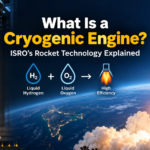 Editorial illustration of a cryogenic rocket engine using liquid hydrogen and oxygen in an Indian launch vehicle.