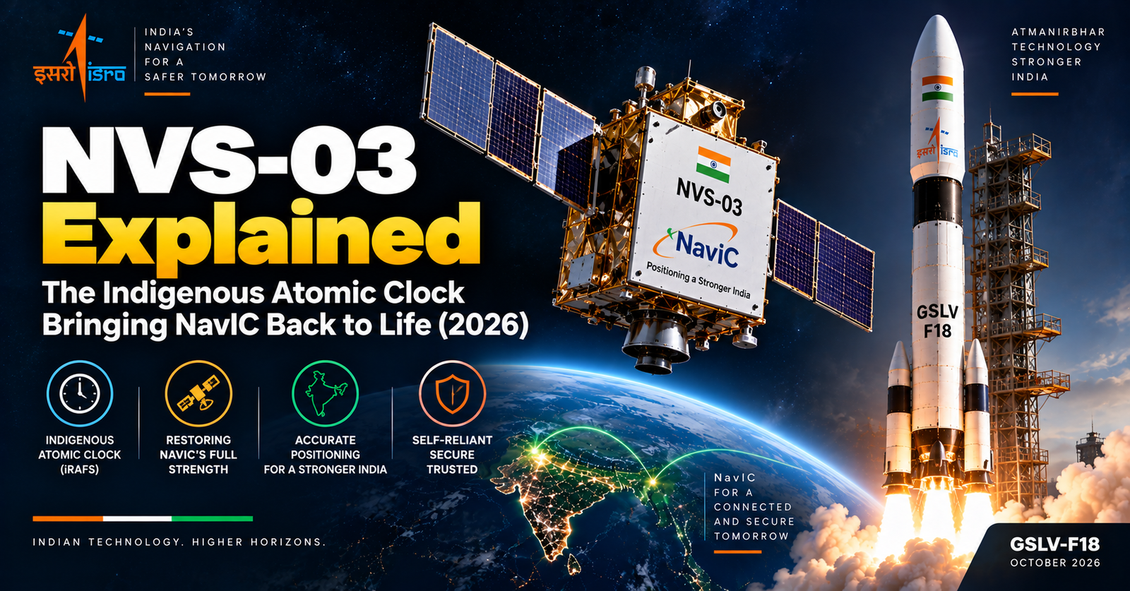 NVS-03 explained: an NVS-series NavIC satellite undergoing pre-launch preparation in ISRO's cleanroom, the same design lineage as NVS-03