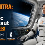 Editorial illustration of Vyommitra, ISRO’s robotic astronaut, inside an uncrewed Gaganyaan spacecraft