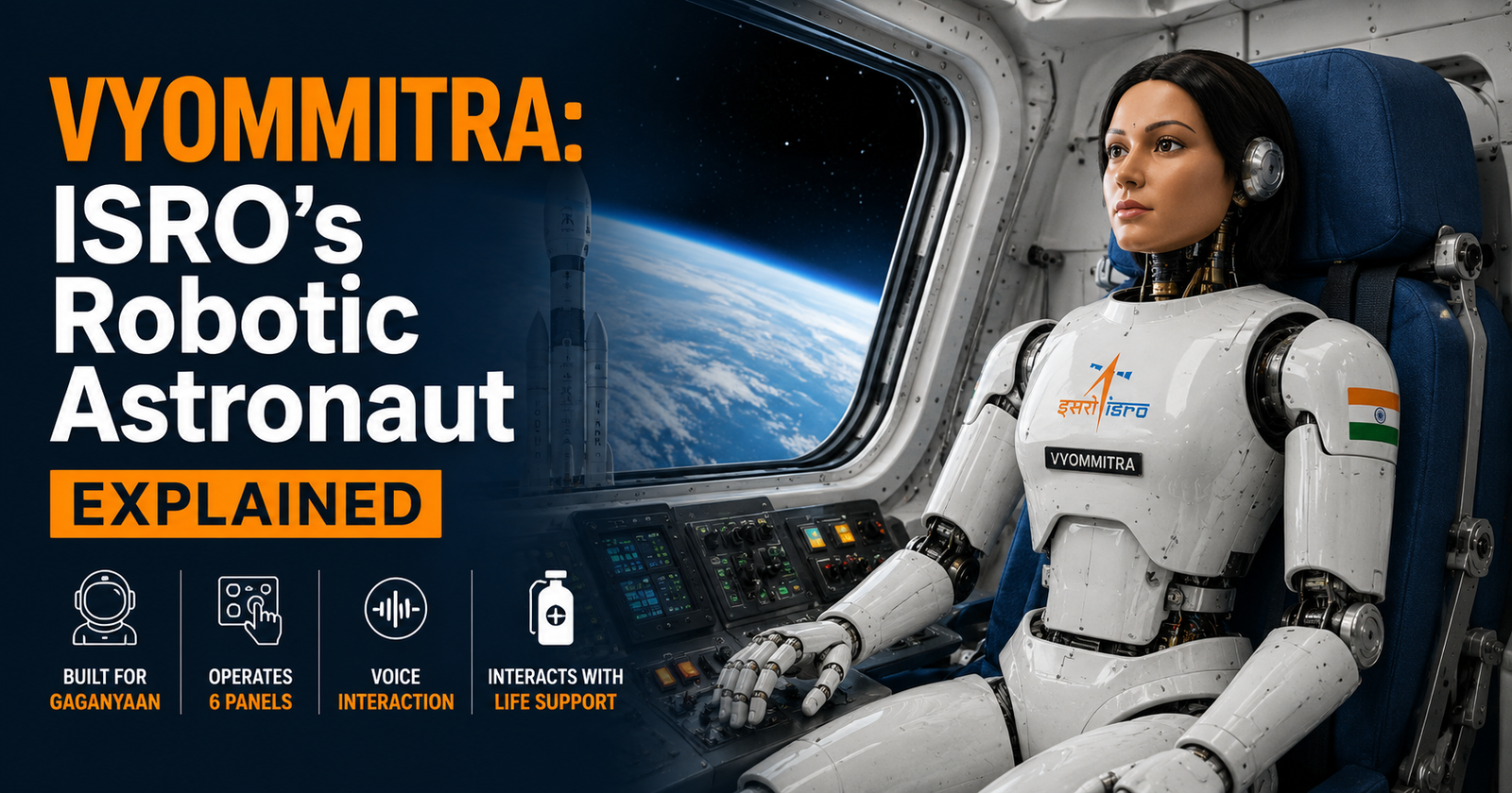 Editorial illustration of Vyommitra, ISRO’s robotic astronaut, inside an uncrewed Gaganyaan spacecraft