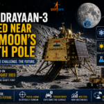 Editorial illustration of Chandrayaan-3’s Vikram lander near the Moon’s south-pole terrain.