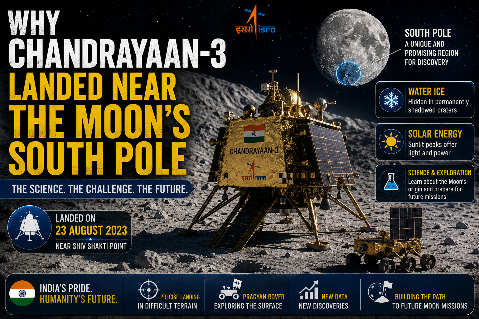 Editorial illustration of Chandrayaan-3’s Vikram lander near the Moon’s south-pole terrain.