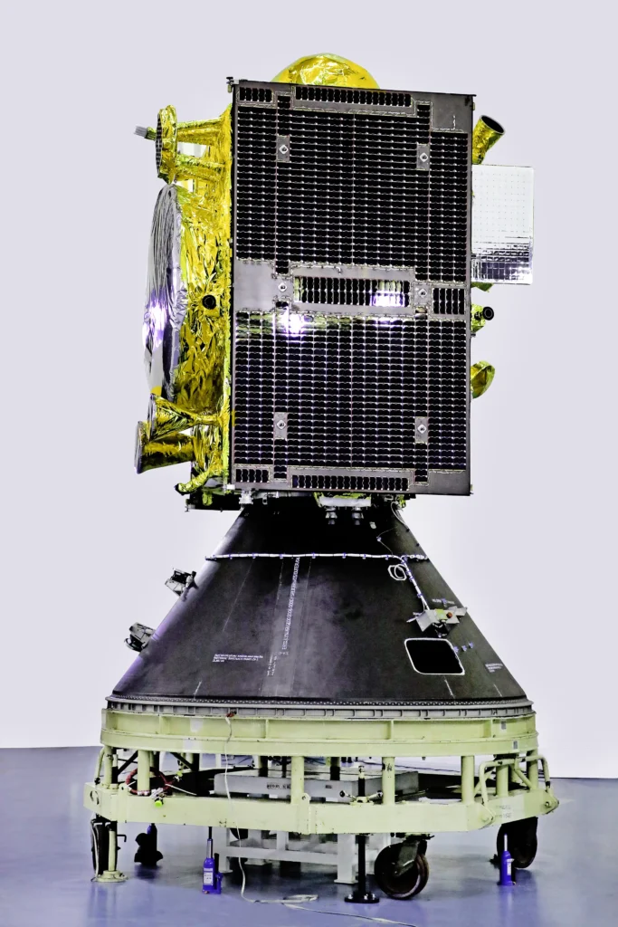 NVS-03 explained: an NVS-series NavIC satellite undergoing pre-launch preparation in ISRO's cleanroom, the same design lineage as NVS-03