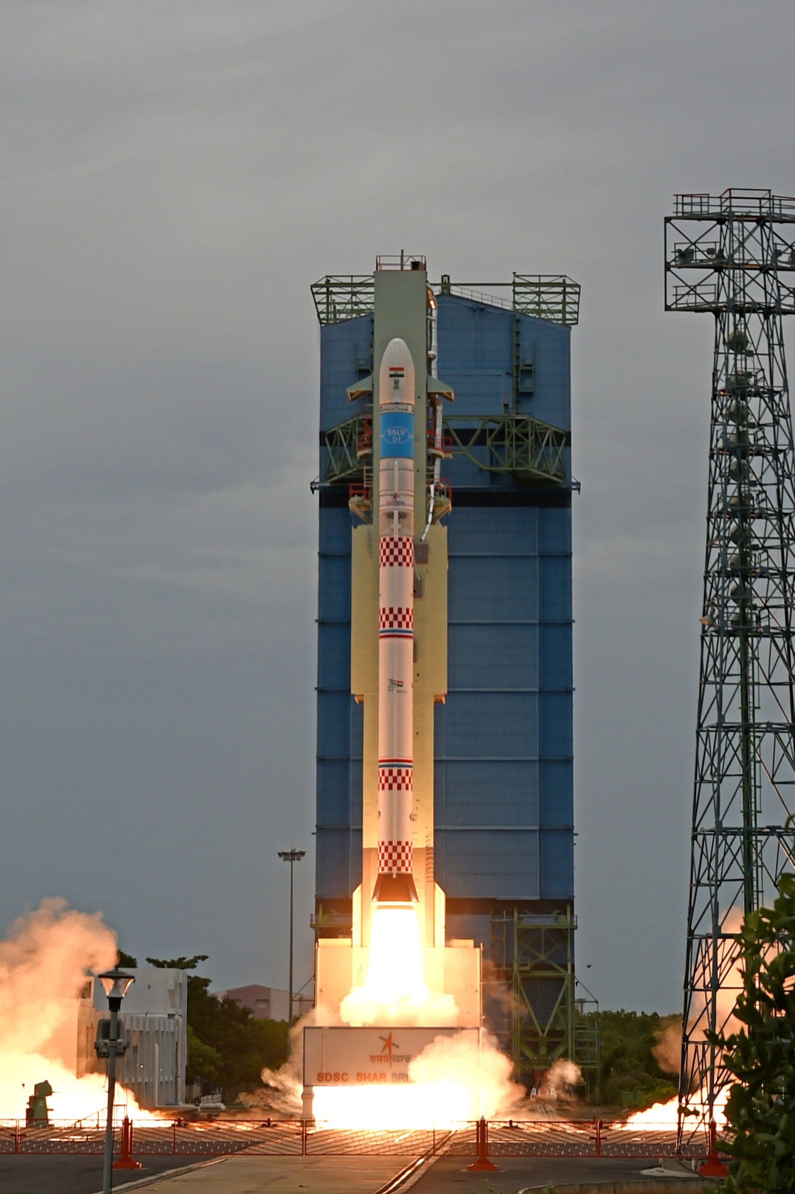 SSLV rocket lifting off from Satish Dhawan Space Centre, ISRO small satellite launch vehicle